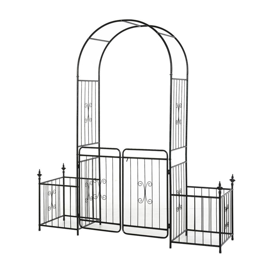 Outsunny Metal Garden Arbor Arch with Double Doors, 2 Side Planter Baskets, Climbing Vine Frame, Black