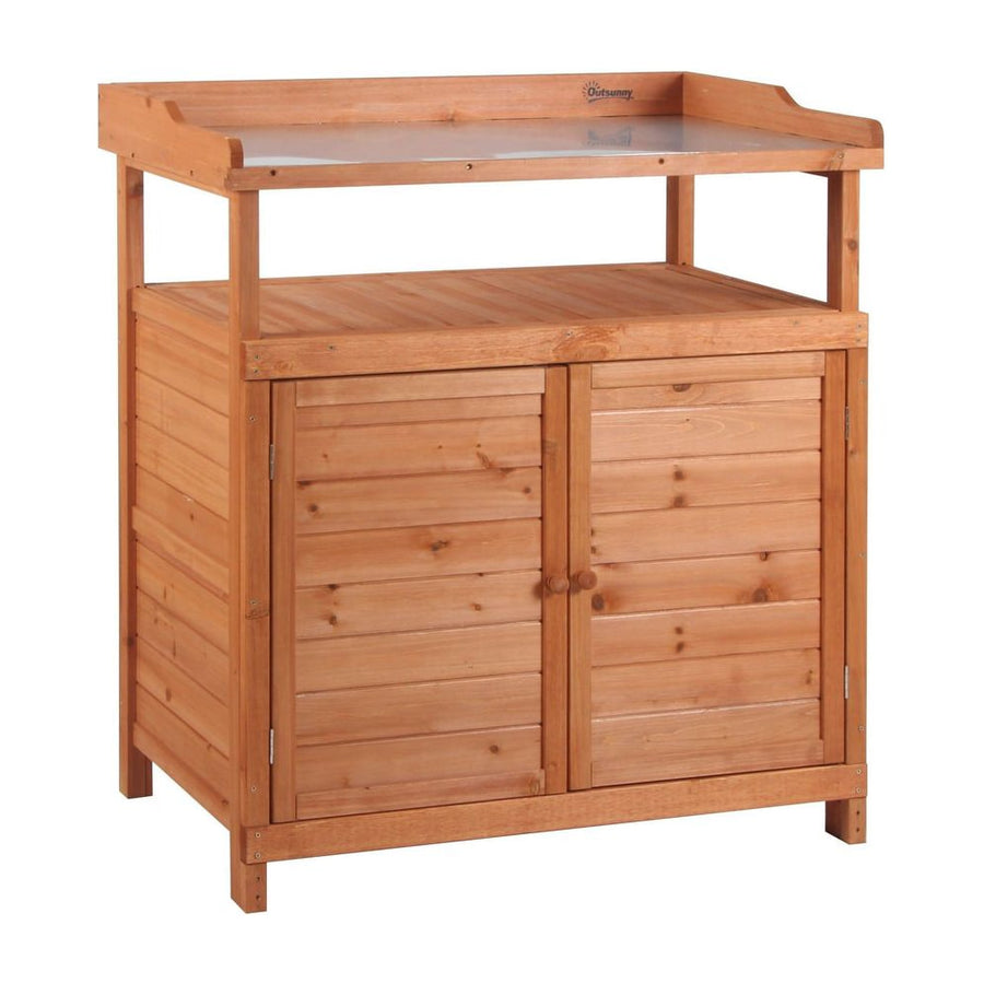 Outsunny Multi-function Potting Bench Table w/ Storage Cabinet and Galvanized Table Top, Wooden Planting Workstation, 98cm x