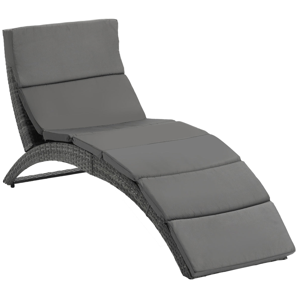 Outsunny Outdoor Foldable PE Rattan Sun Lounger with Soft Padded Cushion, Ergonomic Curved Design Sun Bed for Balcony
