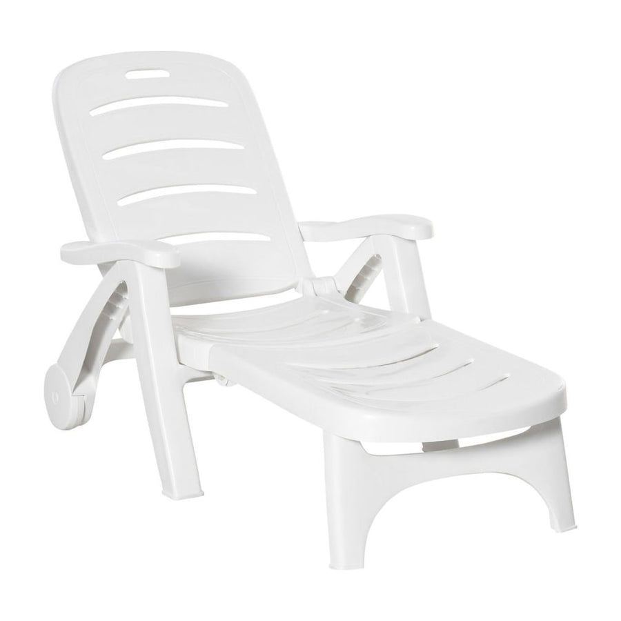 Outsunny Outdoor Folding Sun Lounger Recliner on Wheels w/ 5-Position Backrest, White