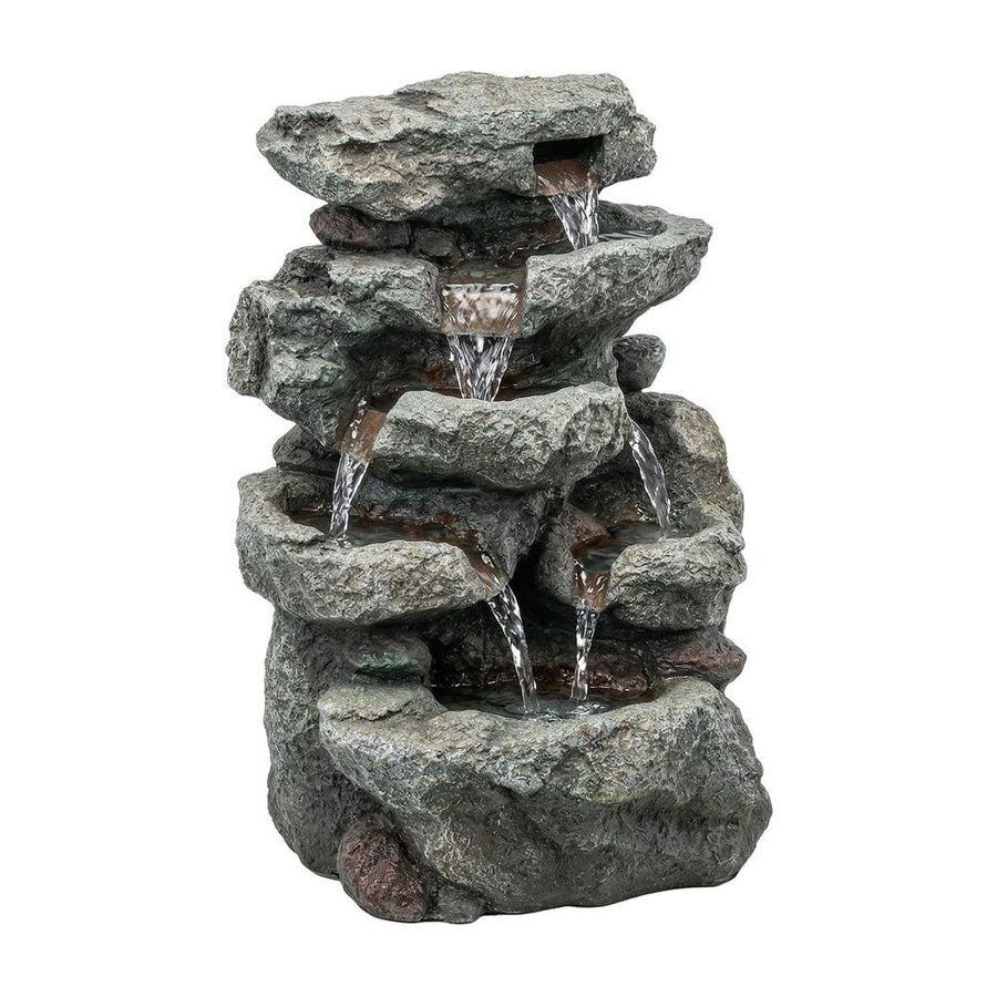 Outsunny Outdoor Fountain with 6-Tier Rock Design, Waterfall Feature with LED Lights, Resin Freestanding Garden Fountain