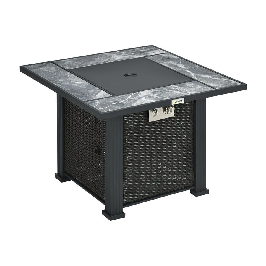 Outsunny Outdoor PE Rattan Gas Fire Pit Table, Patio Square Propane Heater with Marble Desktop, Rain Cover, Glass Windscreen