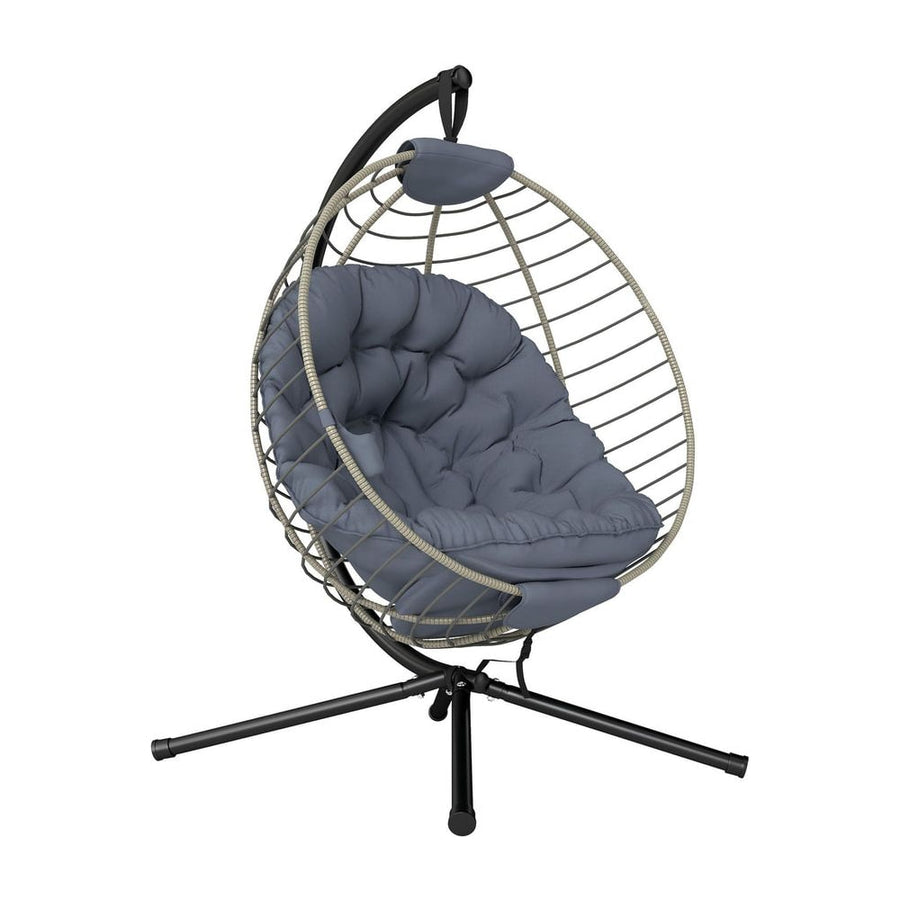 Outsunny PE Rattan Swing Chair, Outdoor Hanging Chair with Metal Stand, Thick Padded Cushion, Foldable Basket and Cup Holder