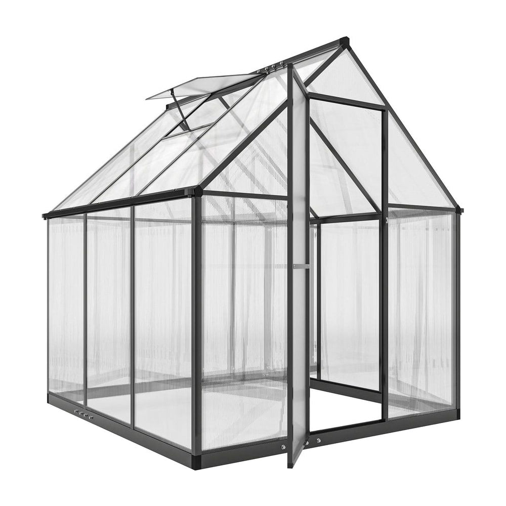 Outsunny Polycarbonate Greenhouse with Swing Door and Adjustable Window with open door and roof vent