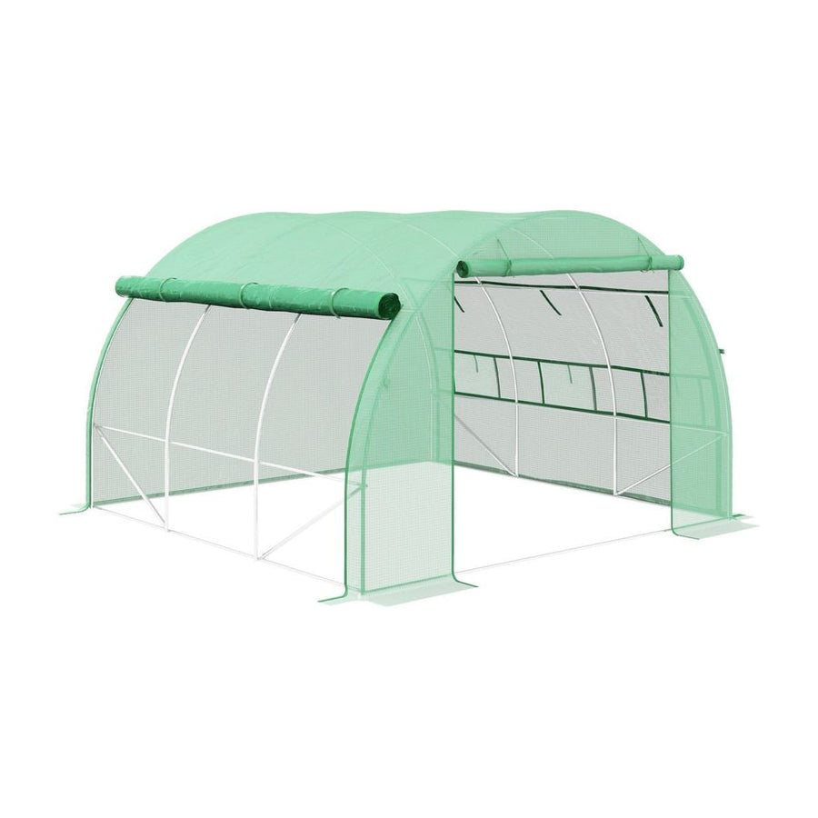 Outsunny Polytunnel Greenhouse Walk-in Grow House Tent with Roll-up Sidewalls, Zipped Door and 6 Windows, 3x3x2m Green