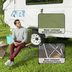Green padded camping chair with close-ups of fabric and frame