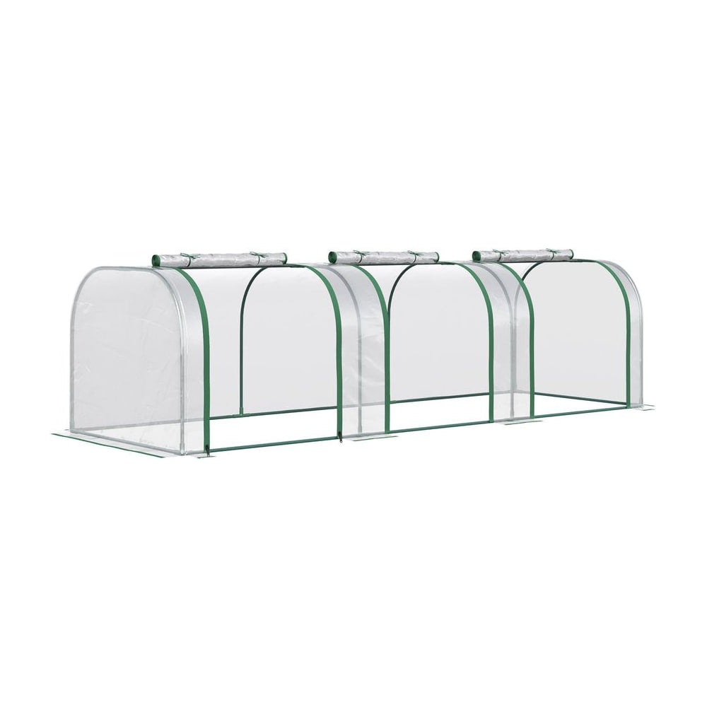 Outsunny PVC Tunnel Greenhouse Green Grow House Steel Frame, a long clear tunnel greenhouse with a steel frame and green trim