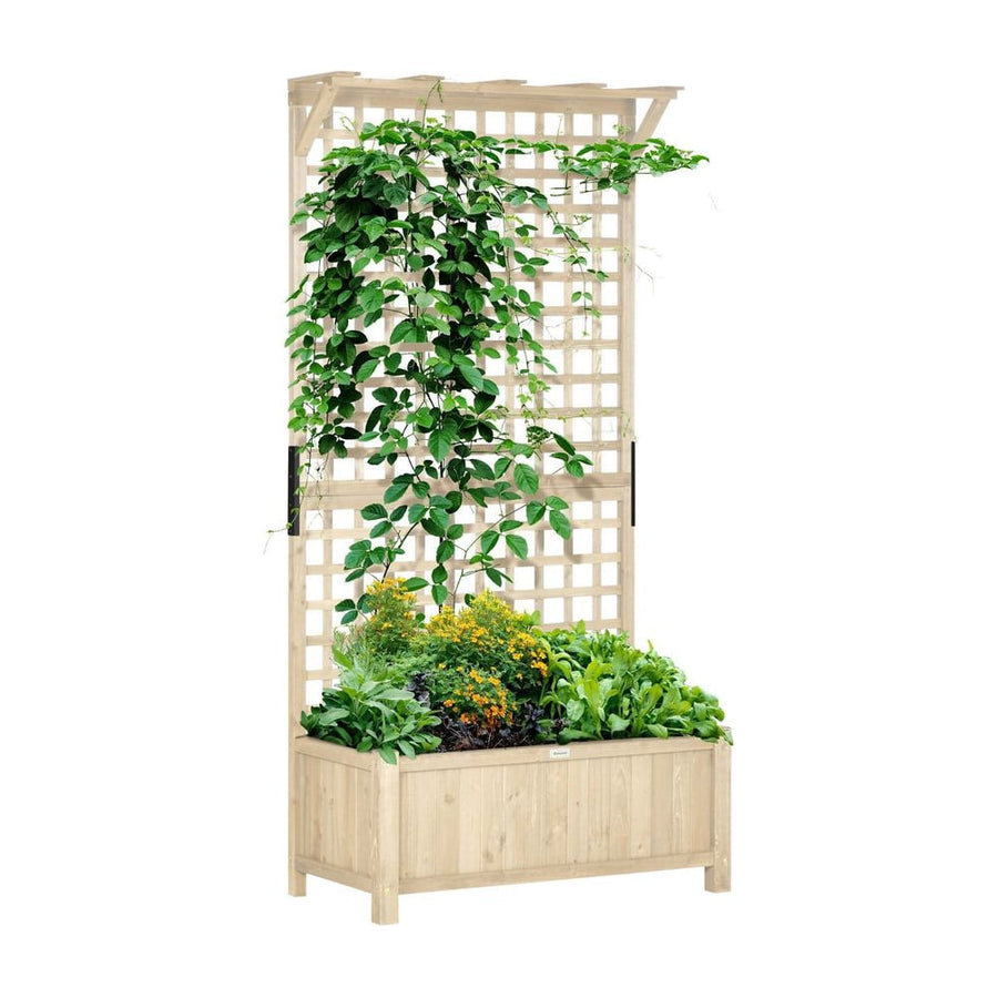 Outsunny Raised Bed with Drainage Holes, Wood Planter with Trellis for Climbing Plants to Grow Vegetables, Flowers, Natural