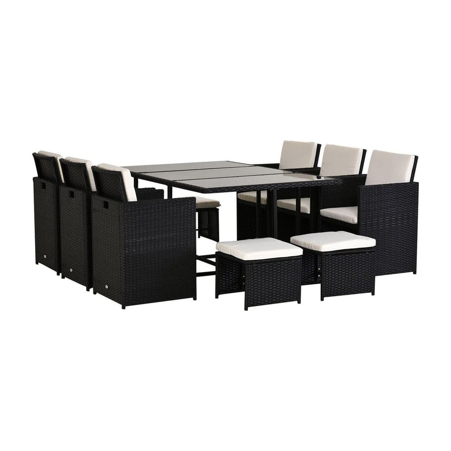Outsunny Rattan Dining Set Garden Furniture Patio set 11 PC with Cushion Black /Milk White