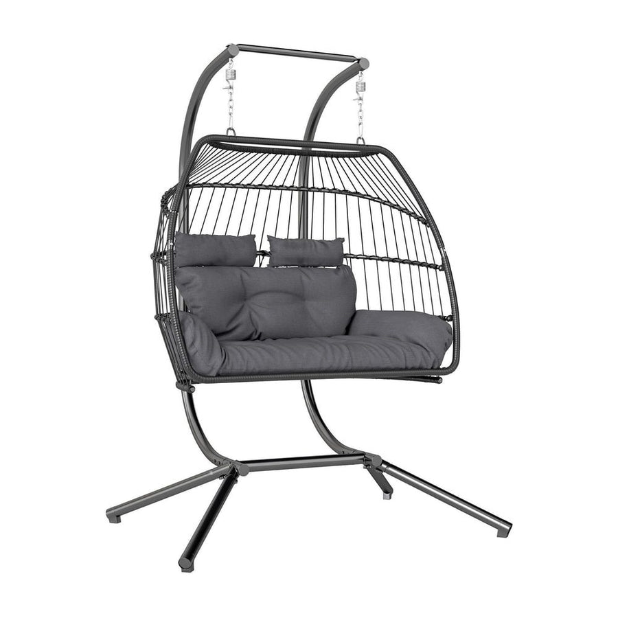Outsunny Rattan Double Hanging Egg Chair with Stand, Foldable Wicker Swing Egg Chair with Cushion, Head Pillows, Steel Frame