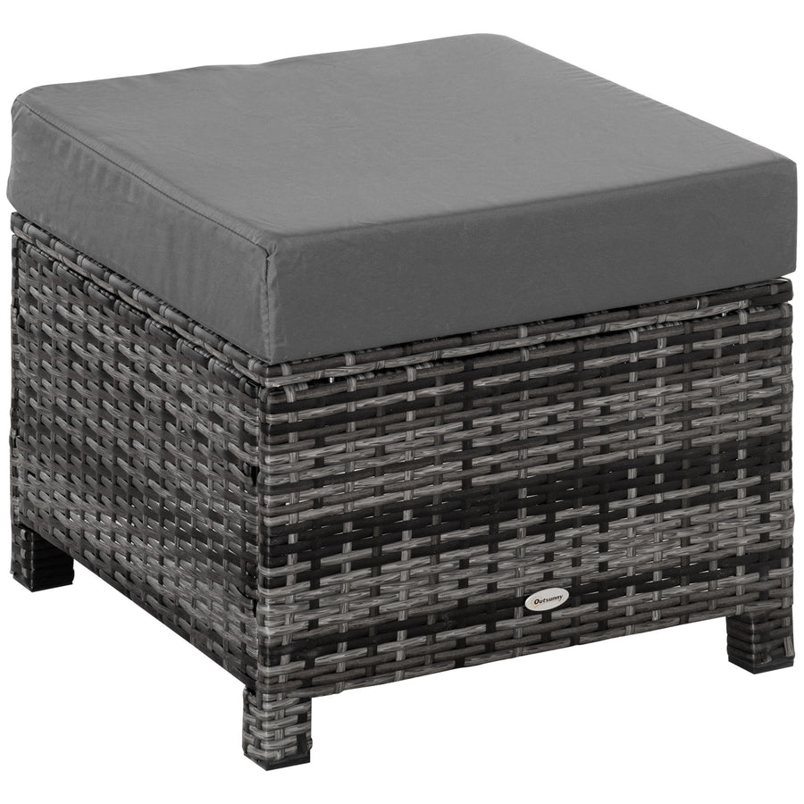 Outsunny Rattan Footstool Wicker Ottoman with Padded Seat Cushion Outdoor Patio Furniture for Garden Poolside Living Room, 50