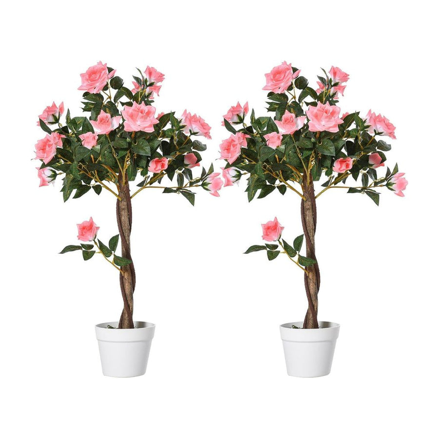 Outsunny Set of 2 Artificial Plants Pink Rose Floral in Pot, Fake Plants for Home Indoor Outdoor Decor, 90cm