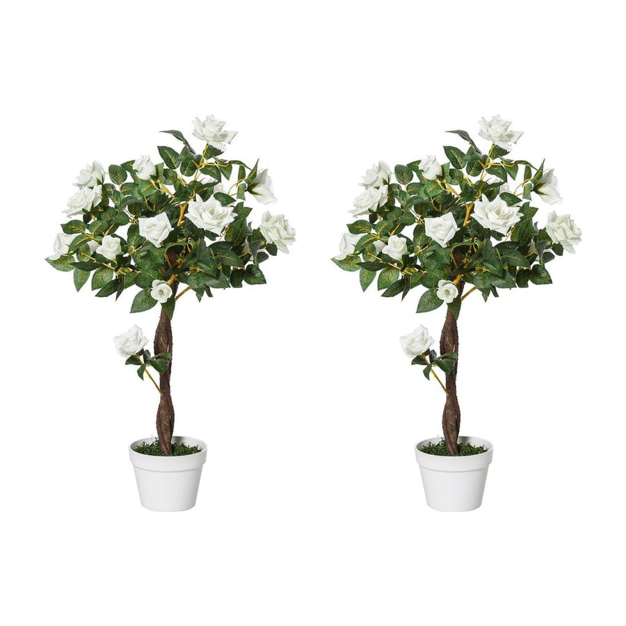 Outsunny Set of 2 Artificial Plants White Rose Floral in Pot, Fake Plants for Home Indoor Outdoor Decor, 90cm