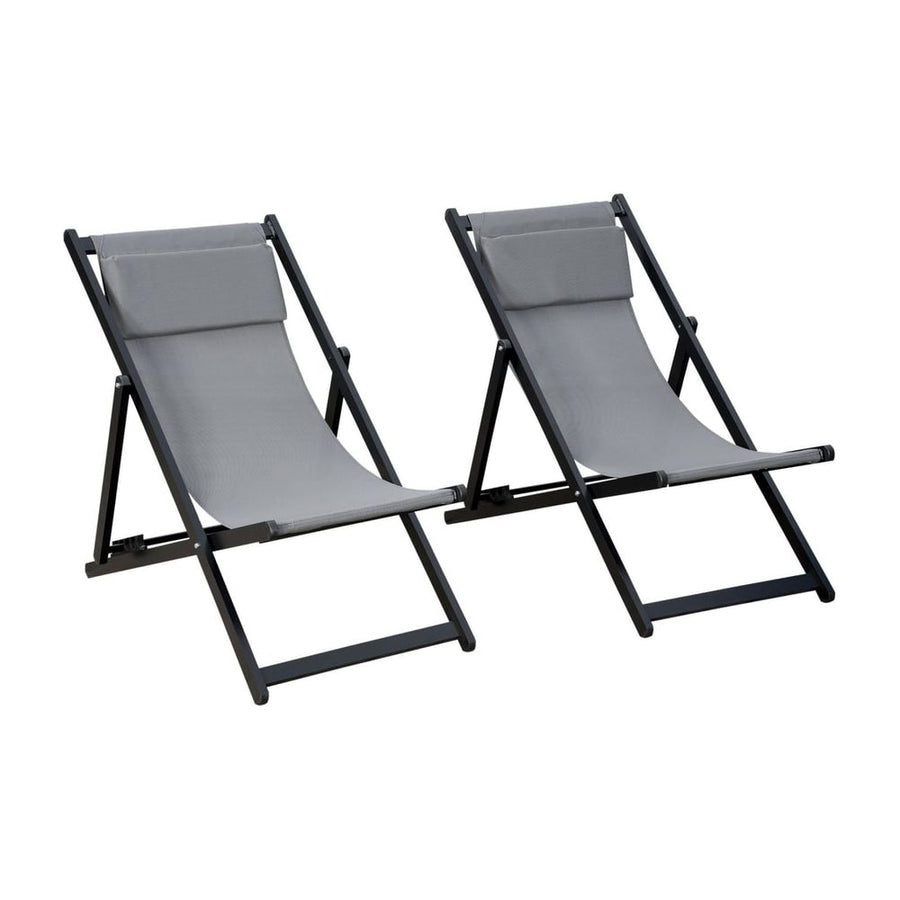 Outsunny Set of 2 Folding Garden Beach Aluminium Frame Deck Chairs Deckchairs Seaside Folding Garden Patio Lounger, Grey