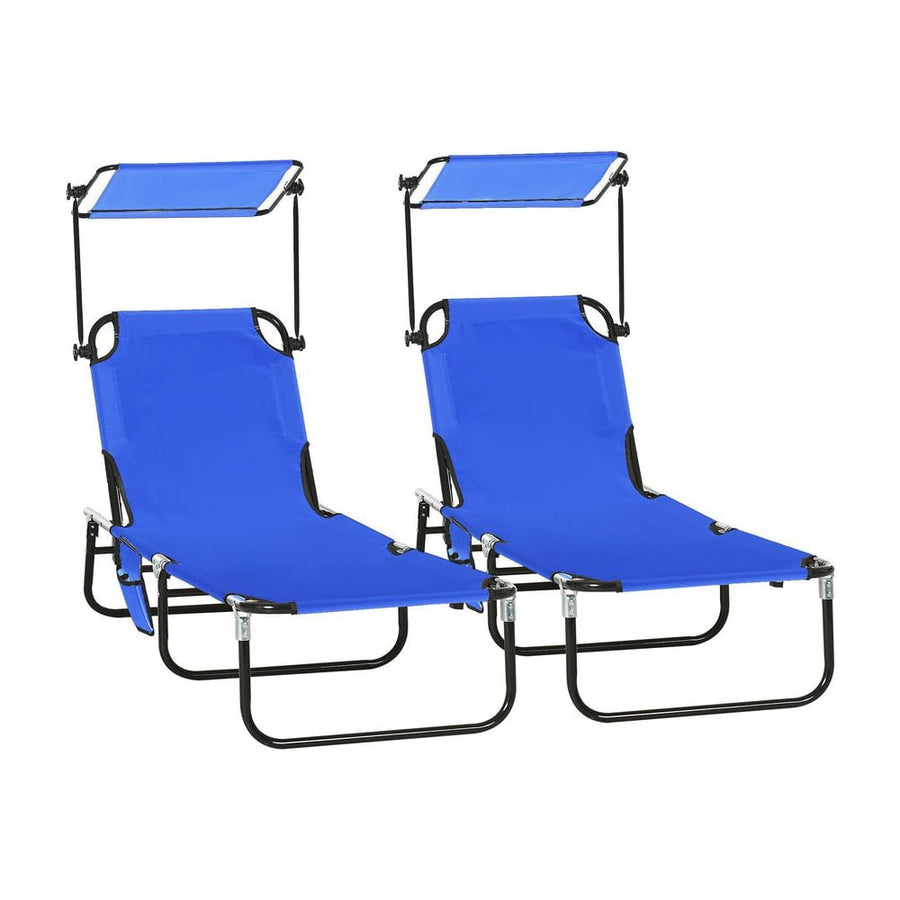 Outsunny Set of Two Folding Sun Loungers, with Adjustable Backs and Sun Canopies - Blue