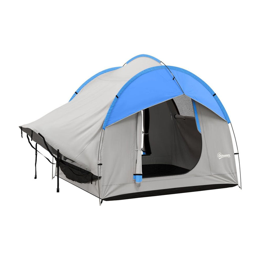 Outsunny SUV Car Tent, a grey and blue camping tent pitched on a white background