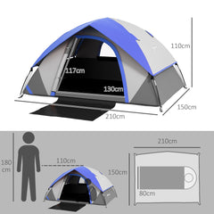The two man dome tent shown with dimensions and a person for scale