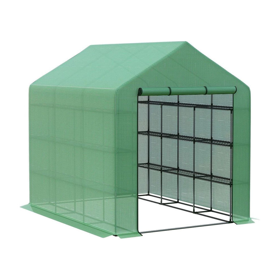 Outsunny Walk-in Greenhouse with 4 Tier 24 Shelves, Portable Grow House with Roll-up Zipped Door, 244 x 180 x 210cm, Green