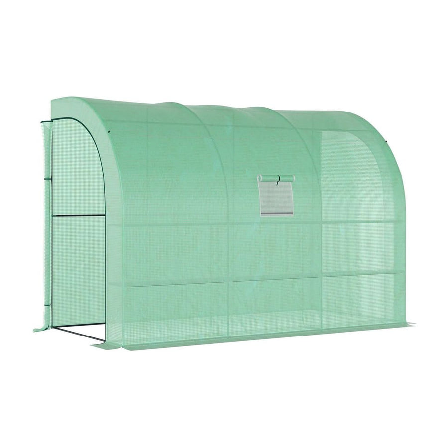 Outsunny Walk-In Lean to Greenhouse with Windows and Zippered Doors, 2 Tiers 6 Wired Shelves 300L x 150W x 213Hcm Green