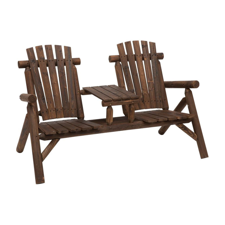 Outsunny Wood Patio Chair Bench 2 Seats Jack and Jill Seat w/ Center Coffee Table, Garden Bench, Carbonized