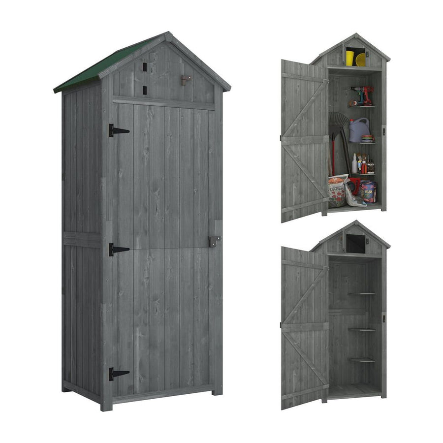 Outsunny Wooden Garden Shed, Utility Outdoor Small Shed with Lockable Double Doors, Shelves and Roof Hatch, Grey