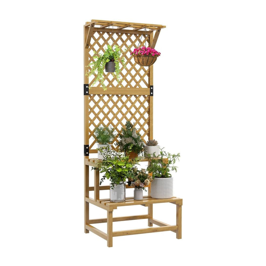 Outsunny Wooden Plant Stand, with Trellis - Natural Finish