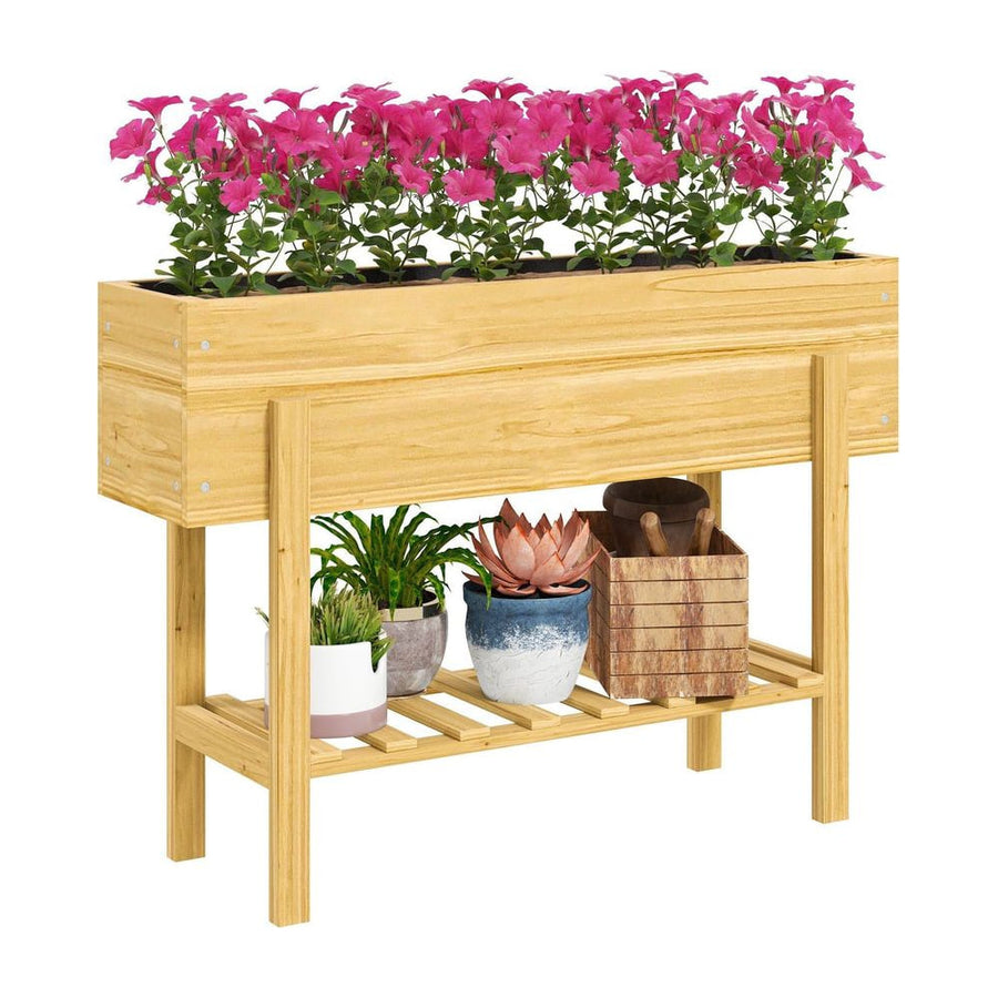 Outsunny Wooden Raised Garden Bed, Elevated Planter Box with Bed Liner, Drainage Holes and Storage Shelf, Raised Planter for