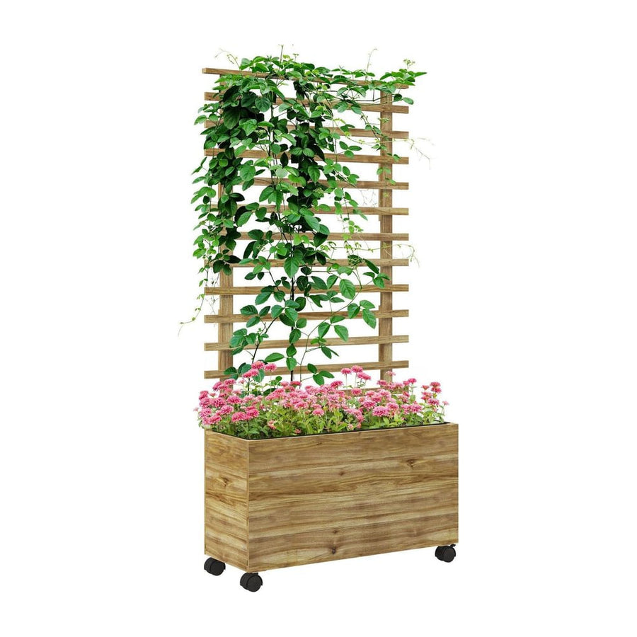 Outsunny Wooden Raised Planter, with Back Trellis - Natural Finish