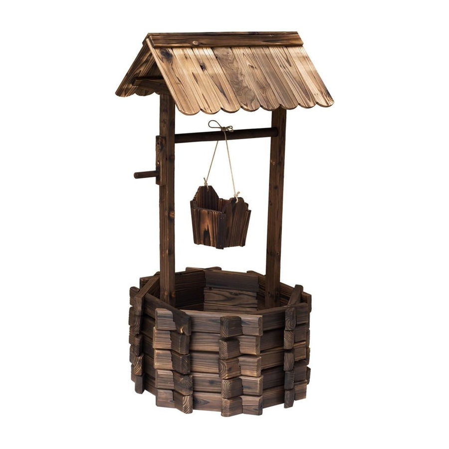 Outsunny Wooden Wishing Well Planter Outdoor Flower Pot Backyard Garden Decor w/ Bucket