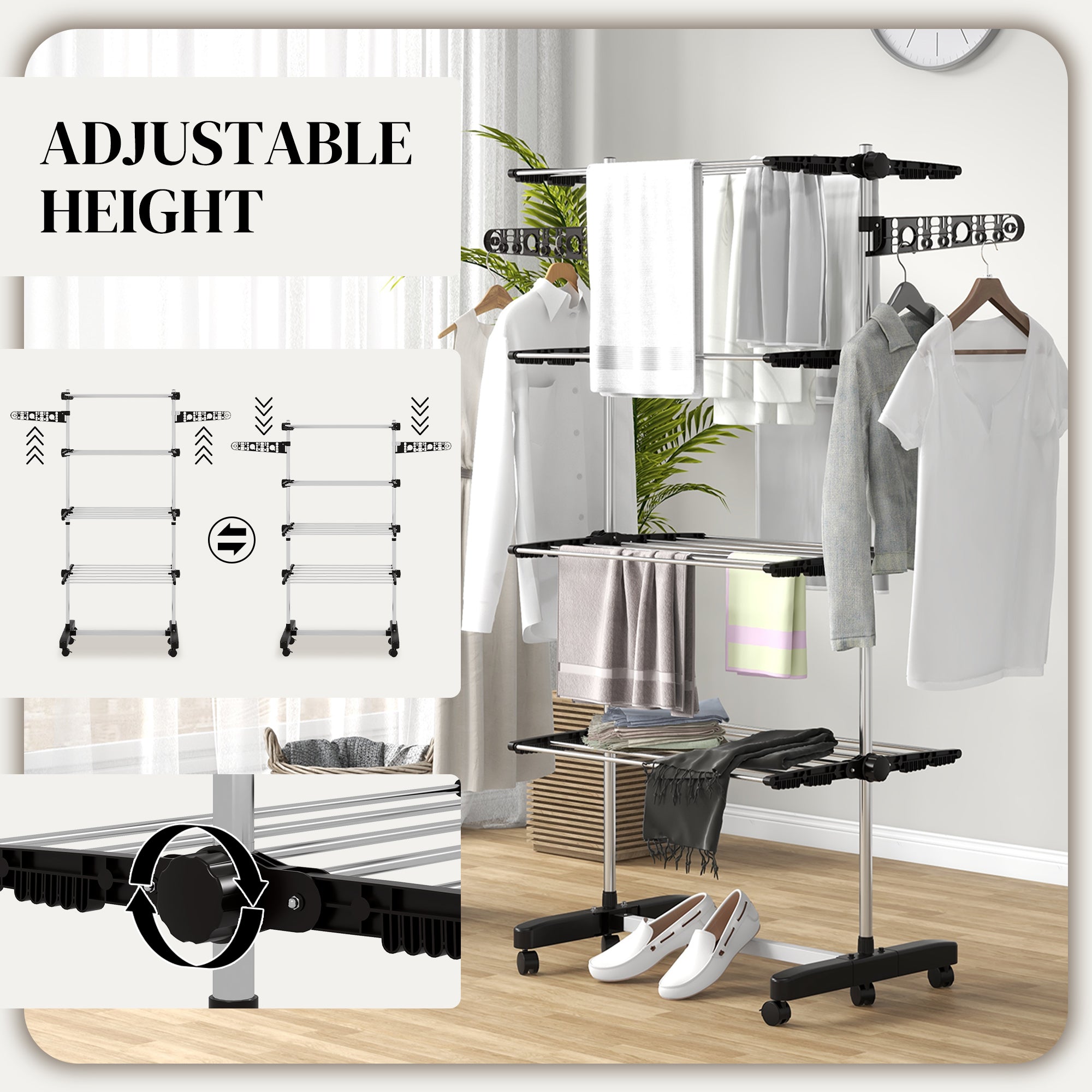 HOMCOM Four-Shelf Collapsing Clothes Horse, With Side Arms and Wheels - Black