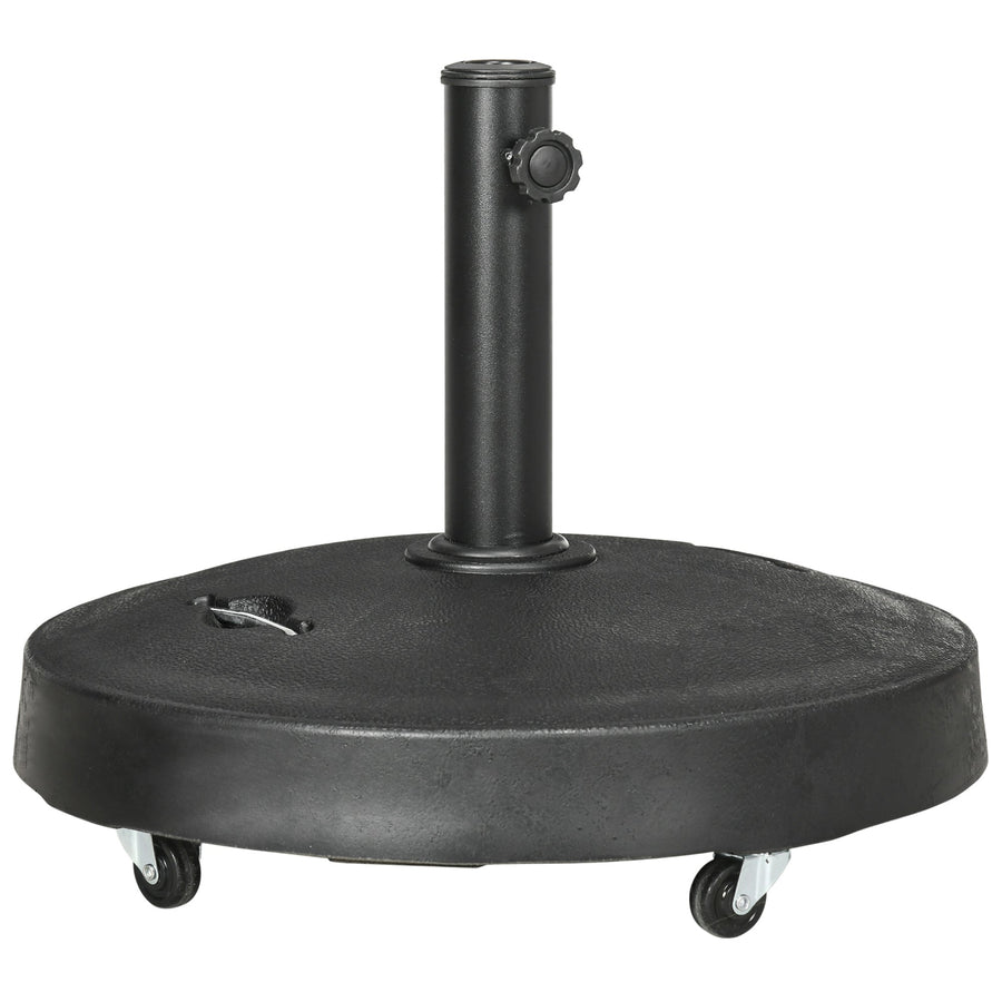Outsunny 25kg Resin Garden Parasol Base with Wheels and Retractable Handles, Round Outdoor Market Umbrella Stand Weight for Poles of Î¦38mm to Î¦48mm, Black