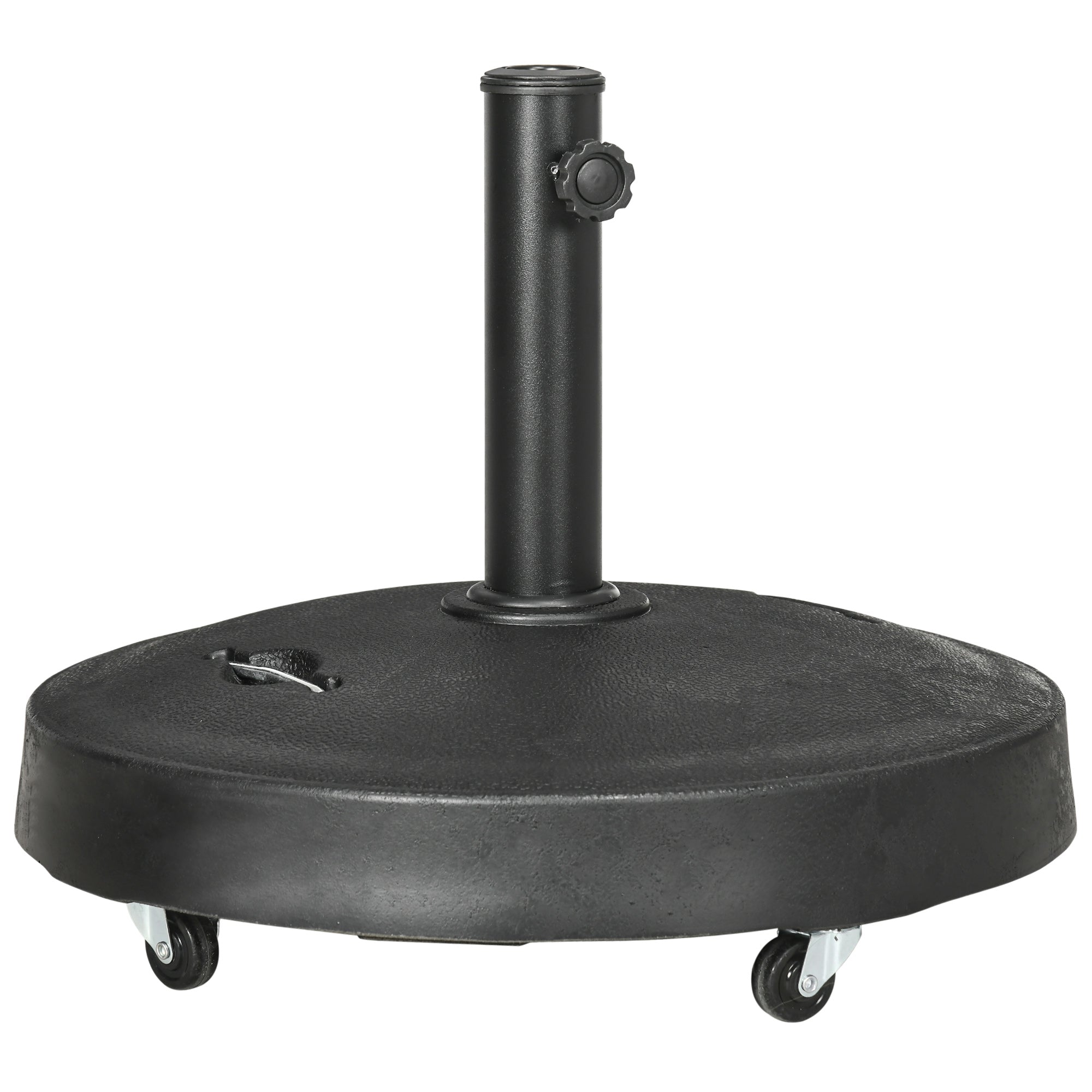 Outsunny 25kg Resin Garden Parasol Base with Wheels and Retractable Handles, Round Outdoor Market Umbrella Stand Weight for Poles of Î¦38mm to Î¦48mm, Black