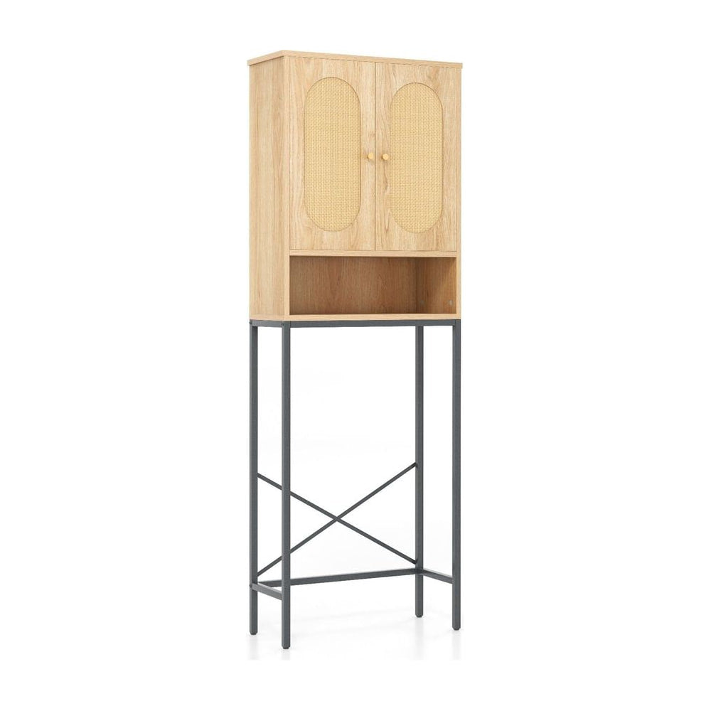 Over The Toilet freestanding storage cabinet with two rattan doors and an open shelf on a metal frame