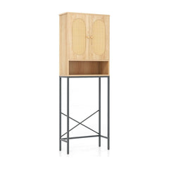 Over The Toilet freestanding storage cabinet with two rattan doors and an open shelf on a metal frame