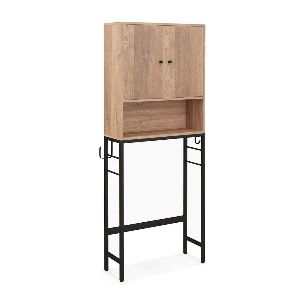 Over The Toilet Storage Cabinet with a wooden cupboard and black metal frame