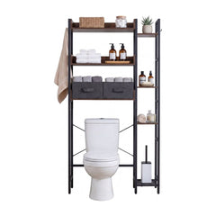 Over Toilet Storage Rack with 2 fabric drawers and 4 hooks in rustic brown