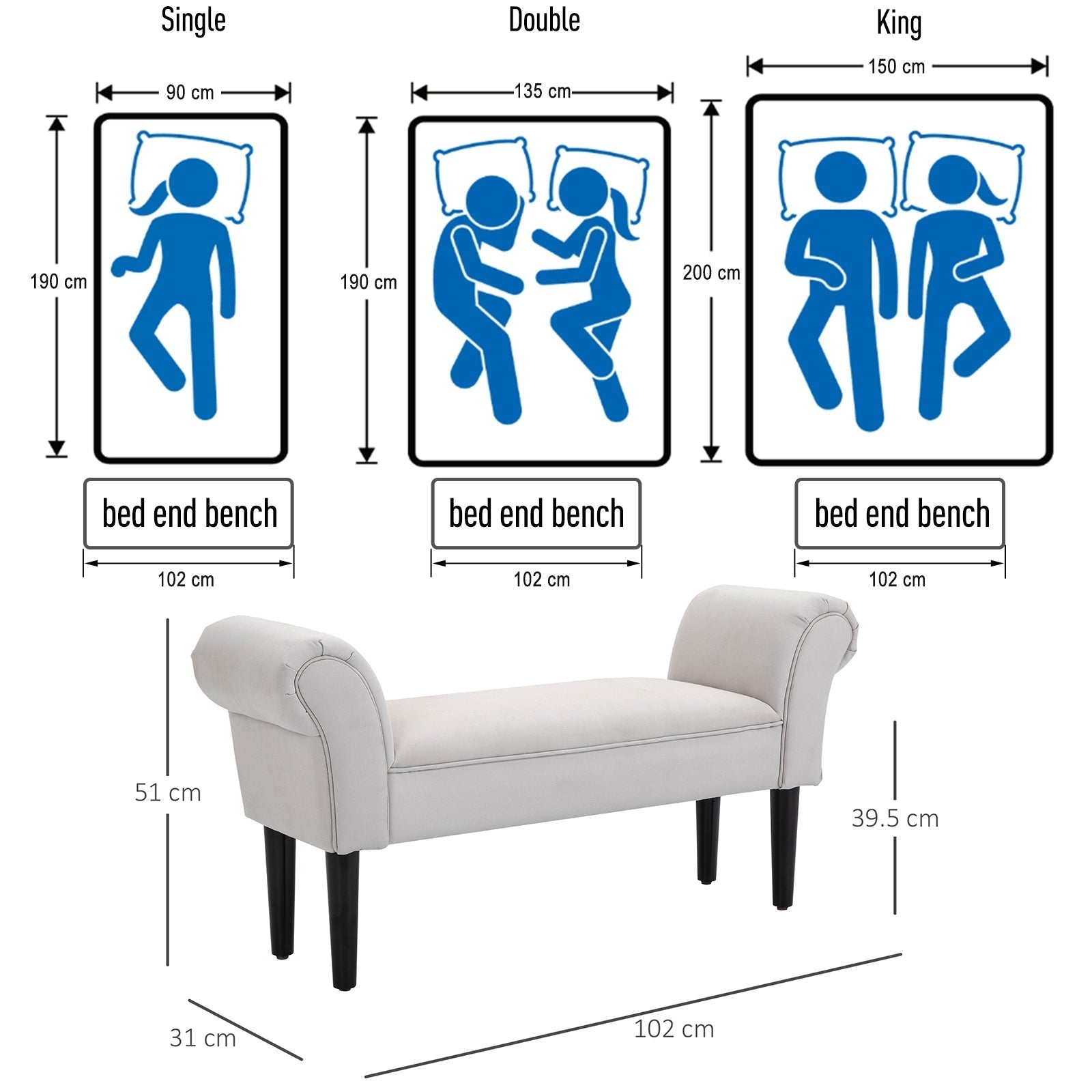 HOMCOM Small Bench, Upholstered Window Seat with Arms and Wooden Legs, Modern Shoe Bench for Entryway, Living Room, Bedroom, Greyish White