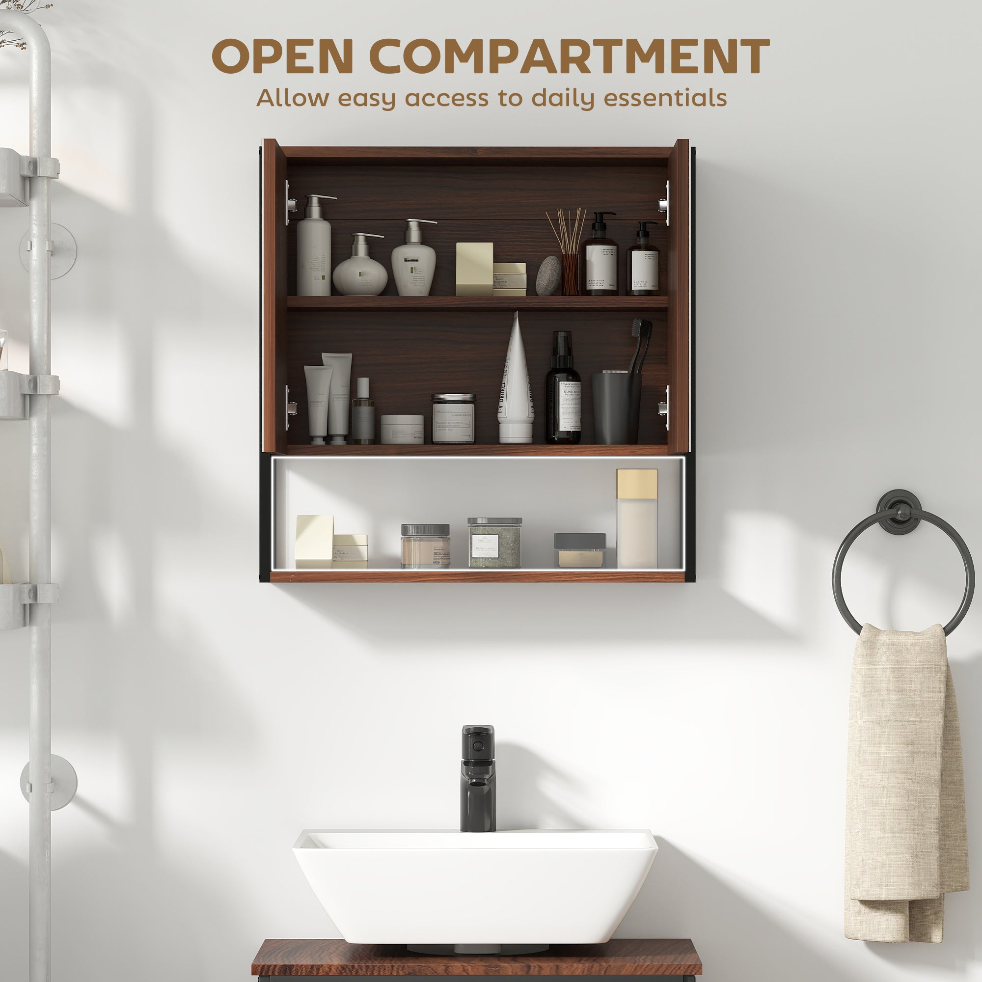 HOMCOM Bathroom Mirror Cabinet with Soft-Close Doors and Adjustable Shelf - Natural Wood Finish