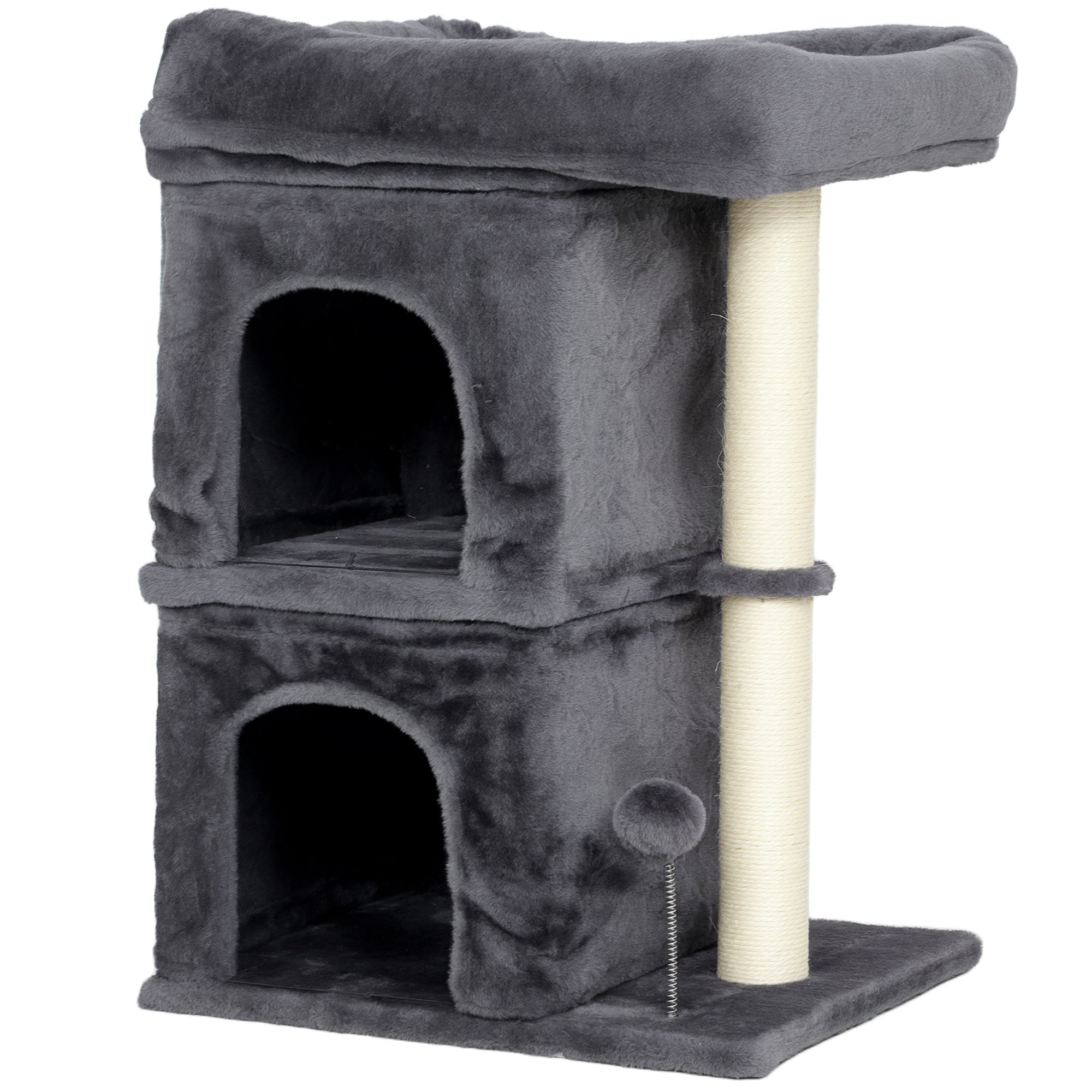 PawHut 66 cm Small Cat Tree for Large Cats, Cat Tower w/ Large Top Perch, 2 Condos, Sisal Scratching Post, Toy Ball, Dark Grey