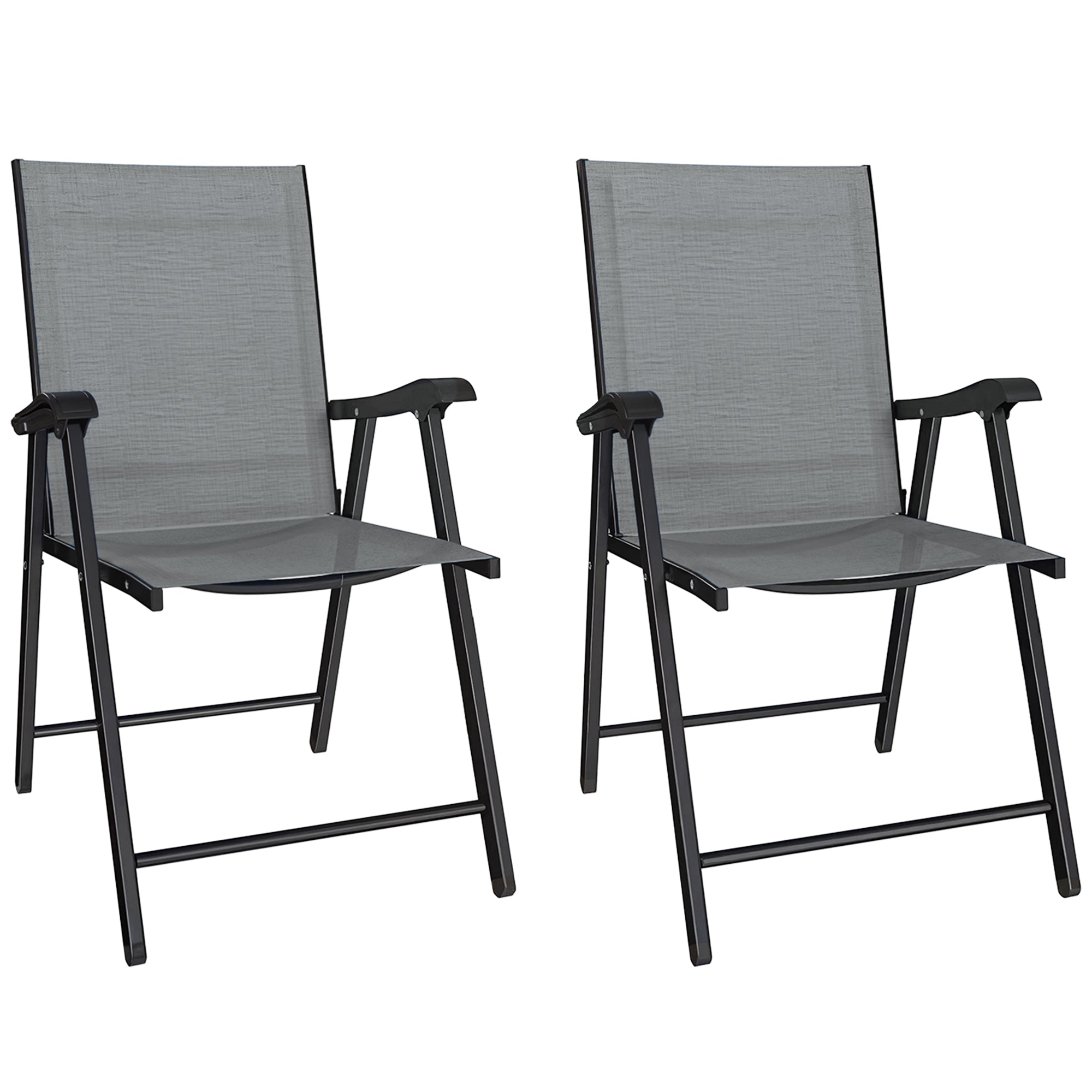 Outsunny Folding Garden Chairs Set of 2, Foldable Garden Dining Chairs with High Back, Armrests, Texteline Seat, Light Grey