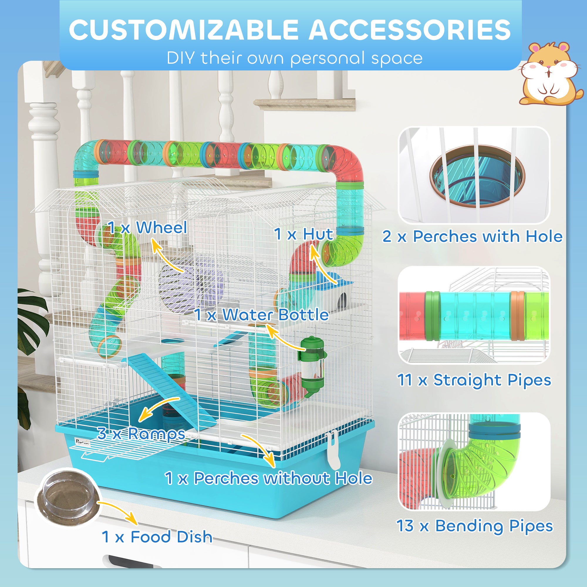 PawHut 4 Tier Hamster Cage w/ Tubes, Exercise Wheel, Hut, Water Bottle, Food Dish, Ramps, for Dwarf Hamster, Light Blue