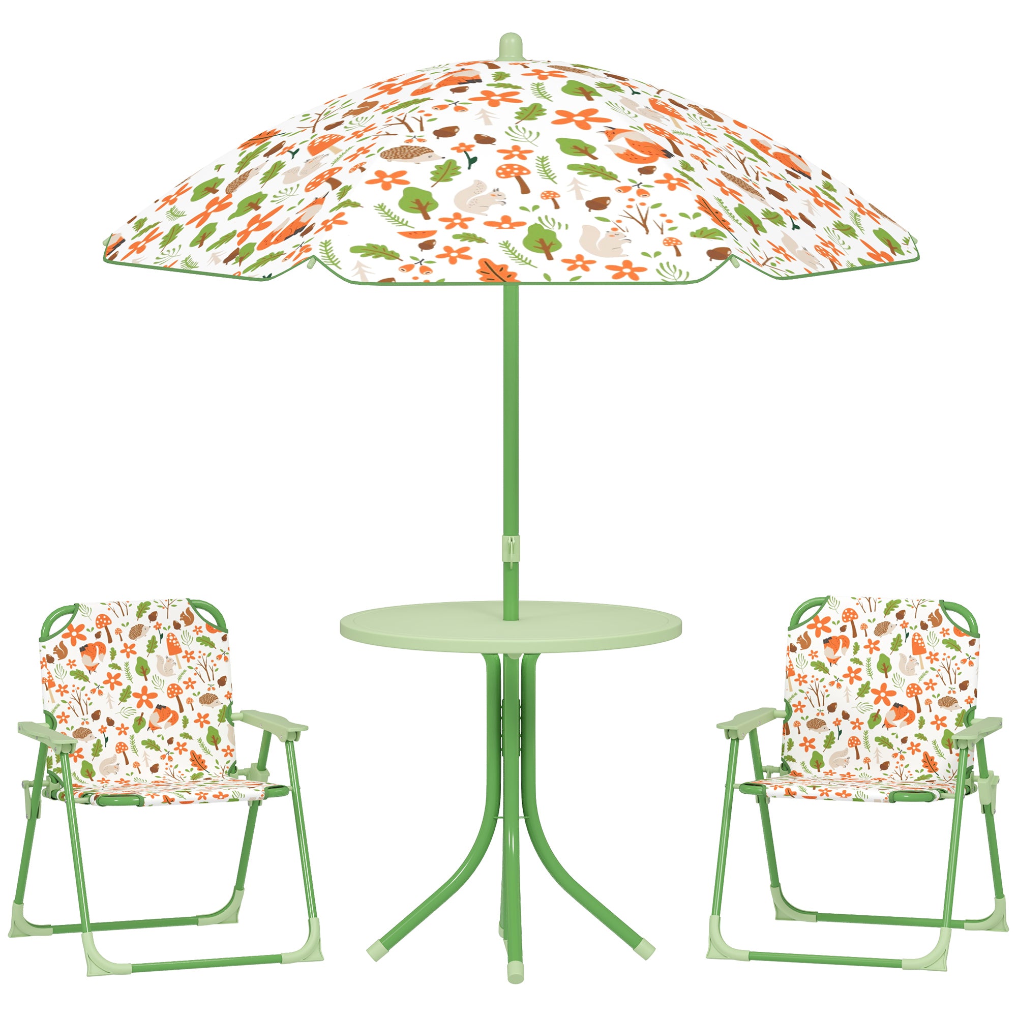 AIYAPLAY 4-Piece Kids Garden Table and Chair Set with Adjustable Parasol, Folding Chairs, Table, Nature Pattern, Green