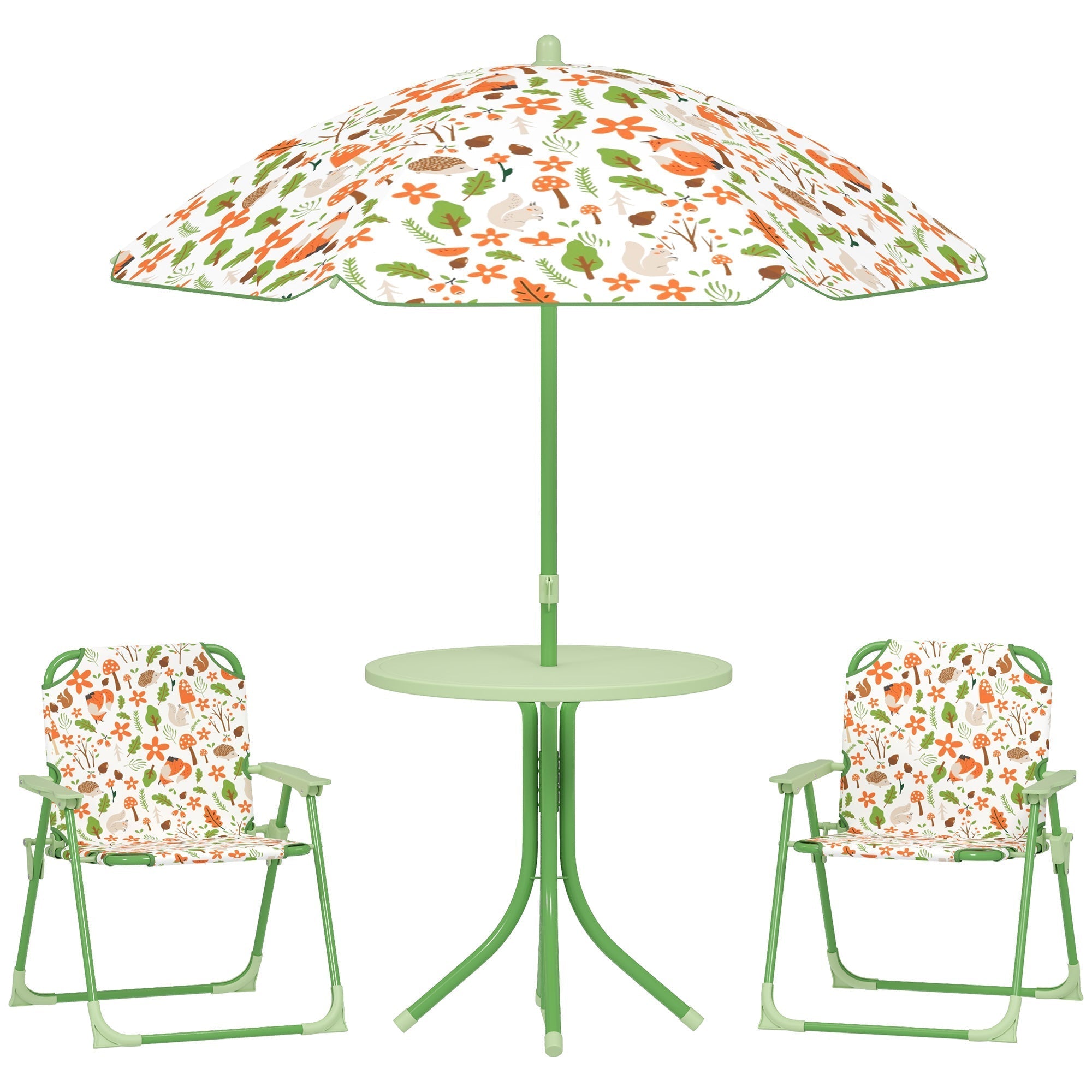 AIYAPLAY 4-Piece Kids Garden Table and Chair Set with Adjustable Parasol, Folding Chairs, Table, Nature Pattern, Green