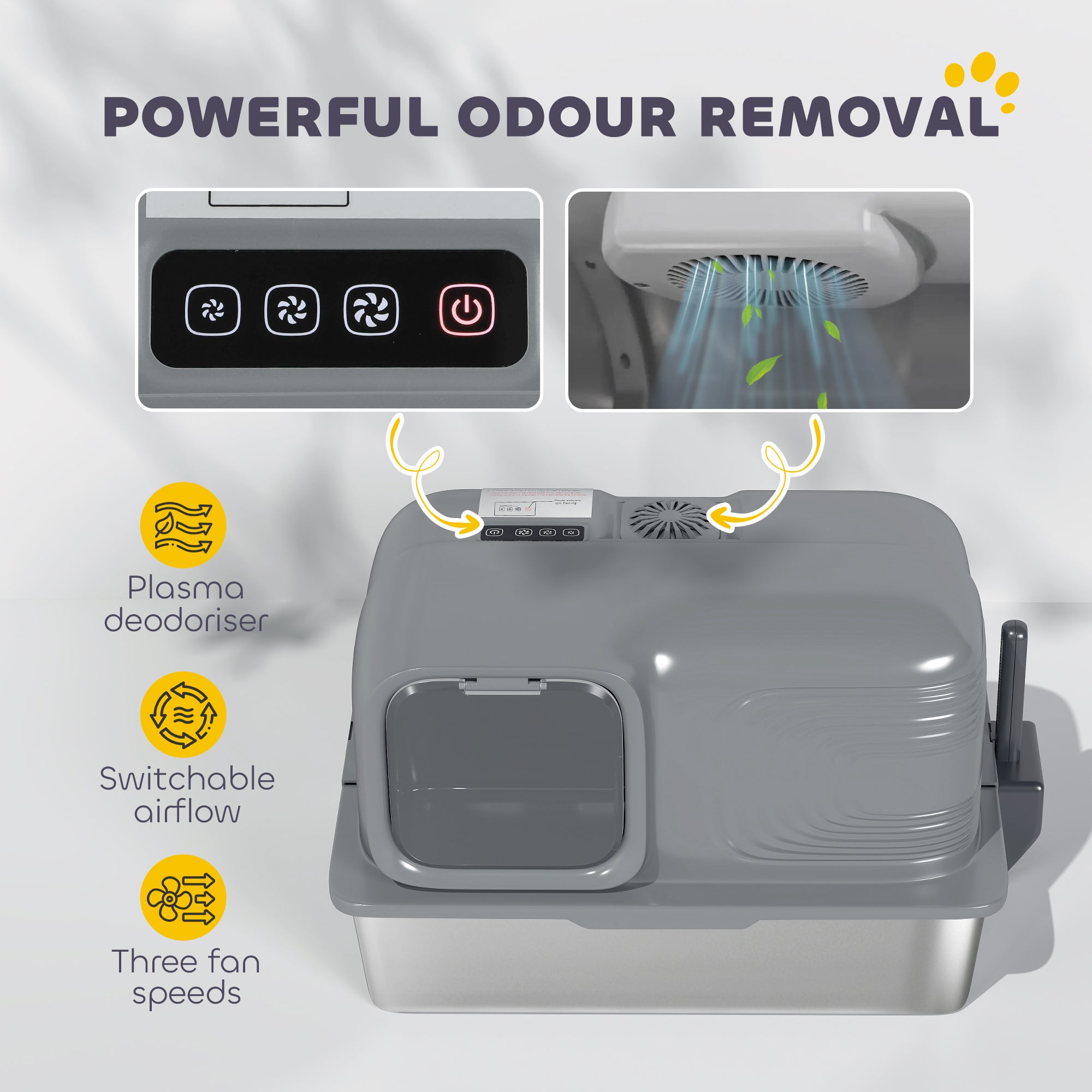 PawHut 65L Extra Large Stainless Steel Litter Tray with Plasma Deodoriser System, High Sided, Easy to Clean & Odour-Resistant