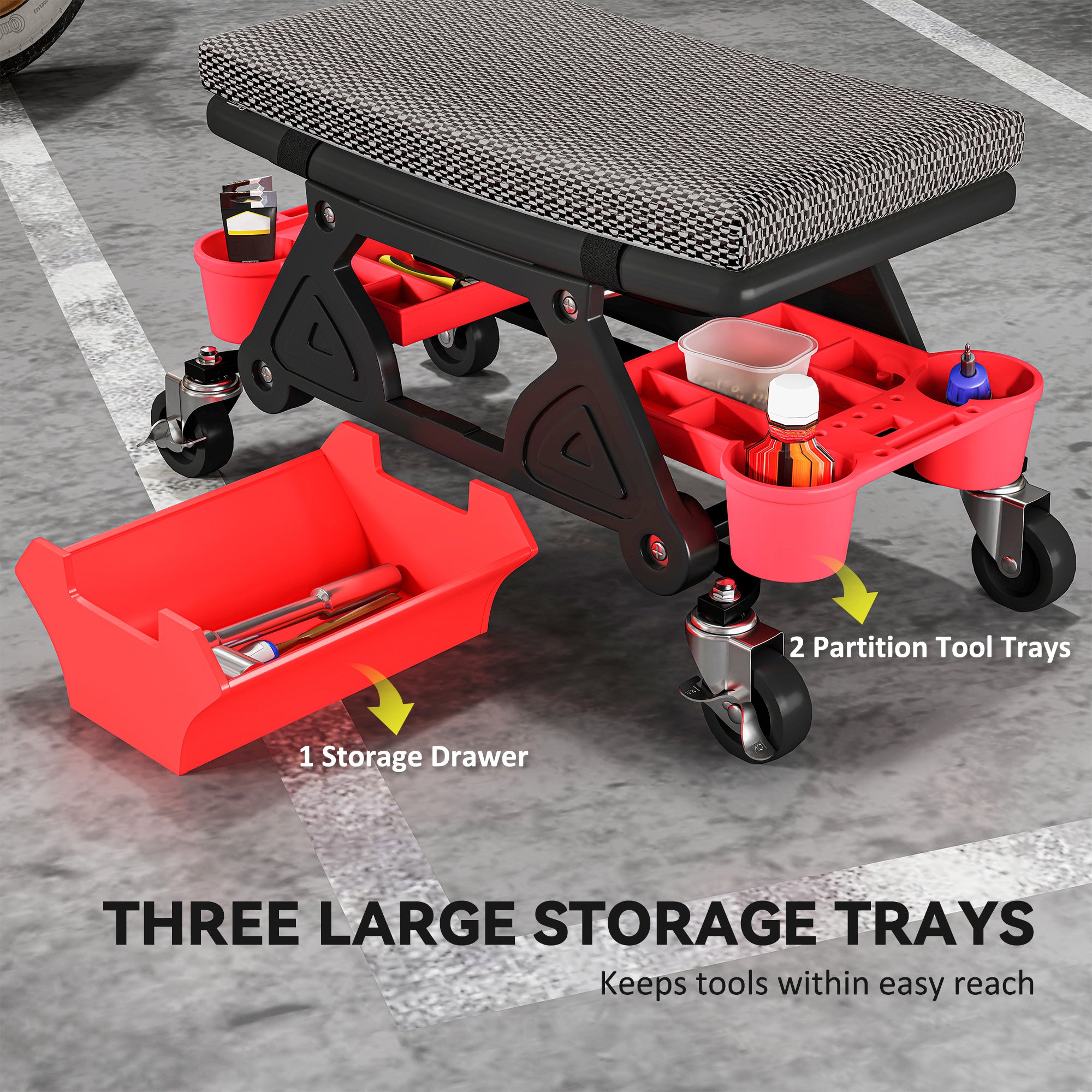 HOMCOM Rolling Mechanic Stool, 135kg Capacity Workshop Stool, 360√Ç¬∞ Swivel Roller Padded Creeper Seat with Wheels, Slide Out Tool Trays and Drawer for Garage, Shop, Auto Repair, Black