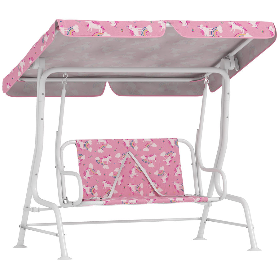 AIYAPLAY Kids Porch Swing, 2-Seater Patio Swing Bench Hammock with Seat Belts, Adjustable Canopy for Garden, Pink