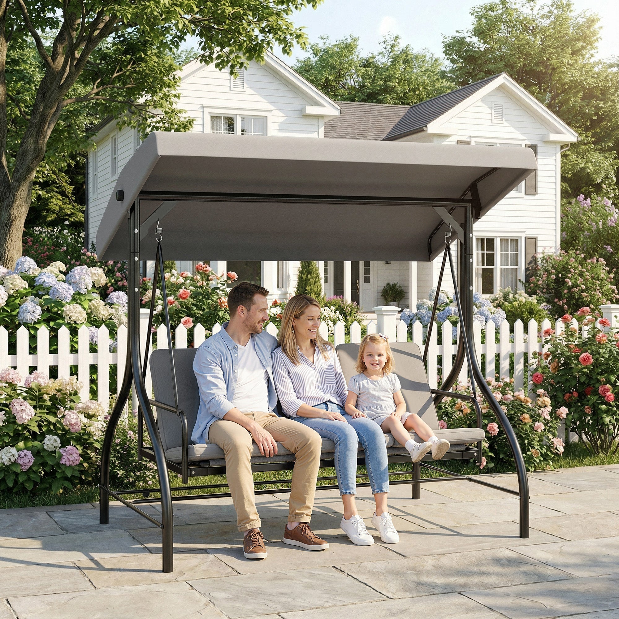 Outsunny 3 Seater Canopy Swing Chair, 2 in 1 Garden Swing Seat Bed, with Adjustable Canopy and Metal Frame, Light Grey