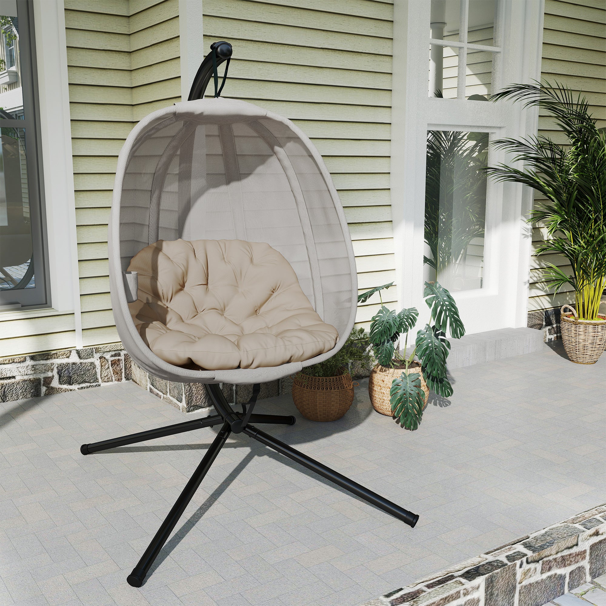 Outsunny Hanging Egg Chair, Folding Texteline Swing Hammock with Side Pocket, Cushion and Stand for Indoor Outdoor, Patio Garden Furniture, Khaki