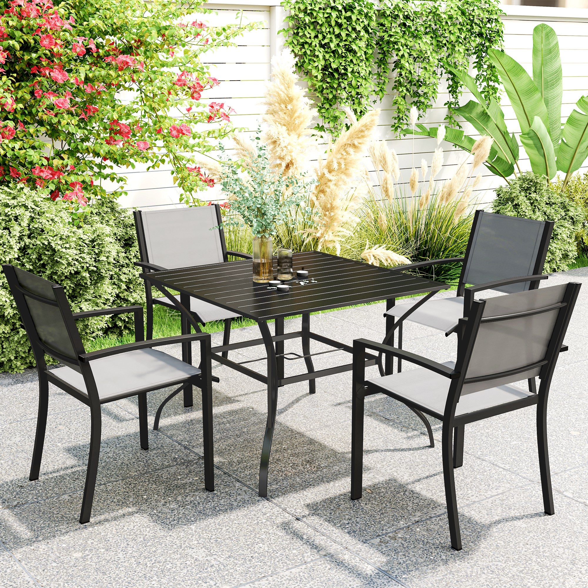 Outsunny 94 x 94 cm Garden Table with Parasol Hole, Outdoor Dining Garden Table for Four with Slatted Metal Plate Top, Black