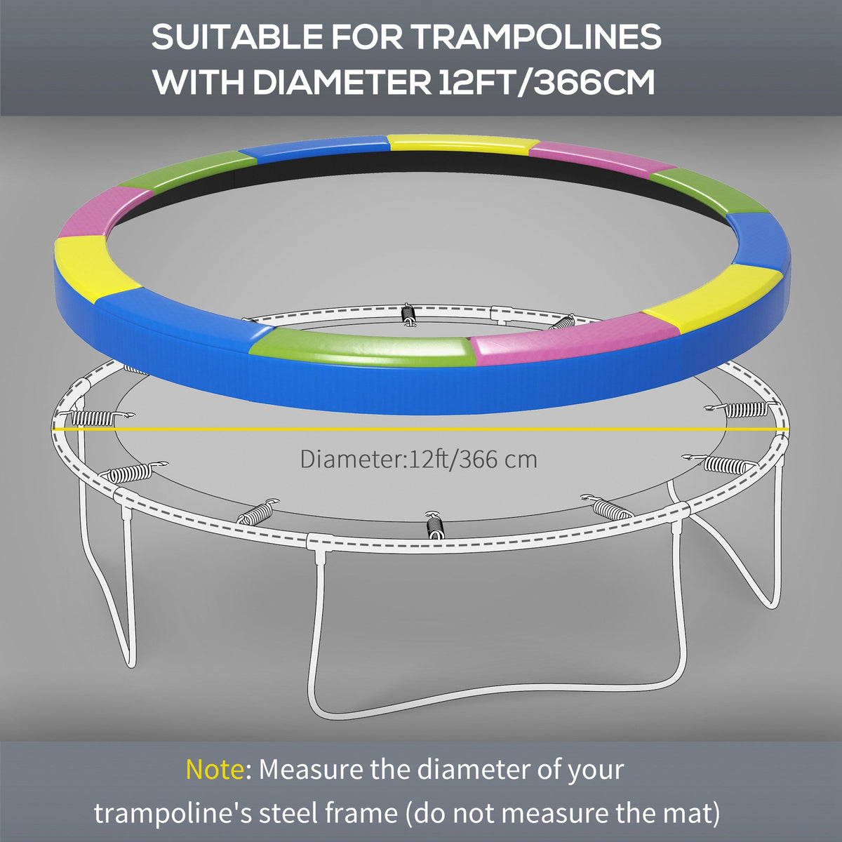 SPORTNOW 12FT Trampoline Spring Cover, Plastic Trampoline Pad Replacement with Elastic Cord, Waterproof, UV Resistant and Tear-Resistant, Multi-Coloured